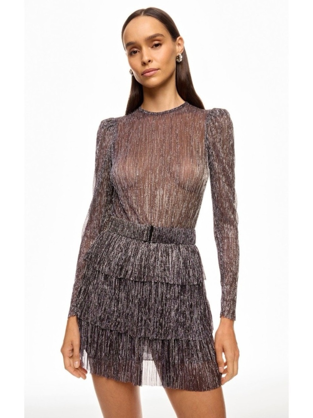 Sabina Musayev Long Sleeve Mini Dress Sheer Charcoal Tiered Fringe M